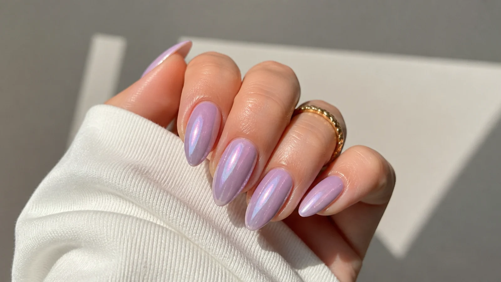 Lavender glazed donut almond nails with pearly iridescent shimmer