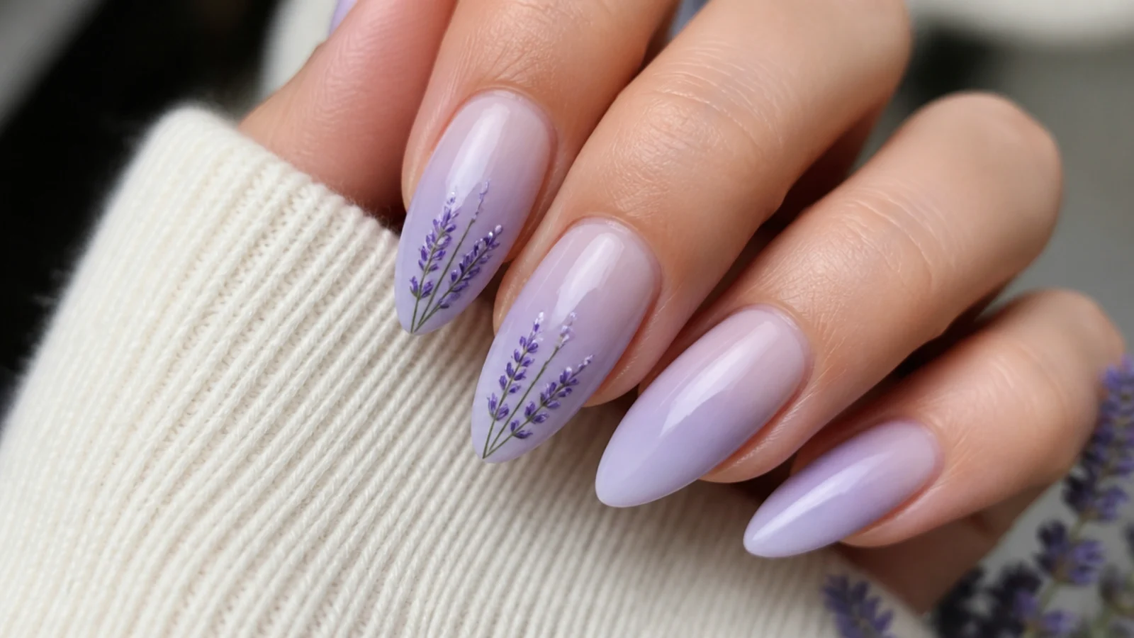 Milky lavender almond nails with small hand-painted lavender sprig flowers