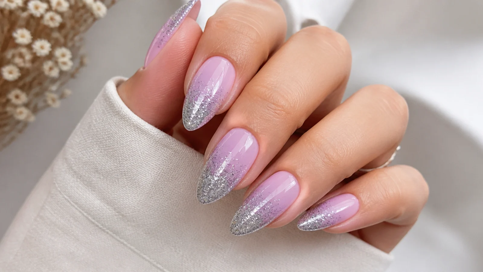 Milky lavender almond nails with silver glitter fading up from the tips