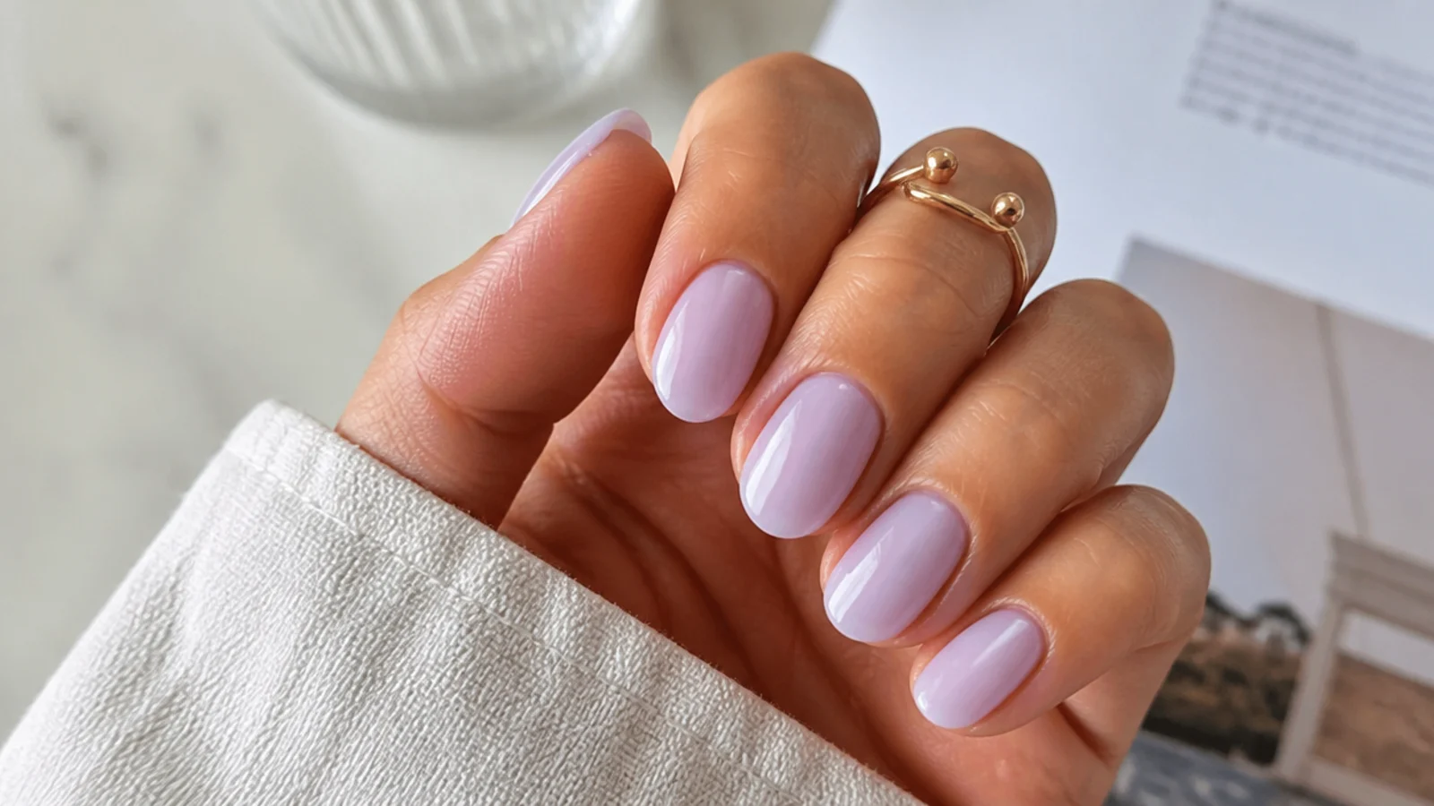 Short milky lavender almond nails with a clean glossy finish