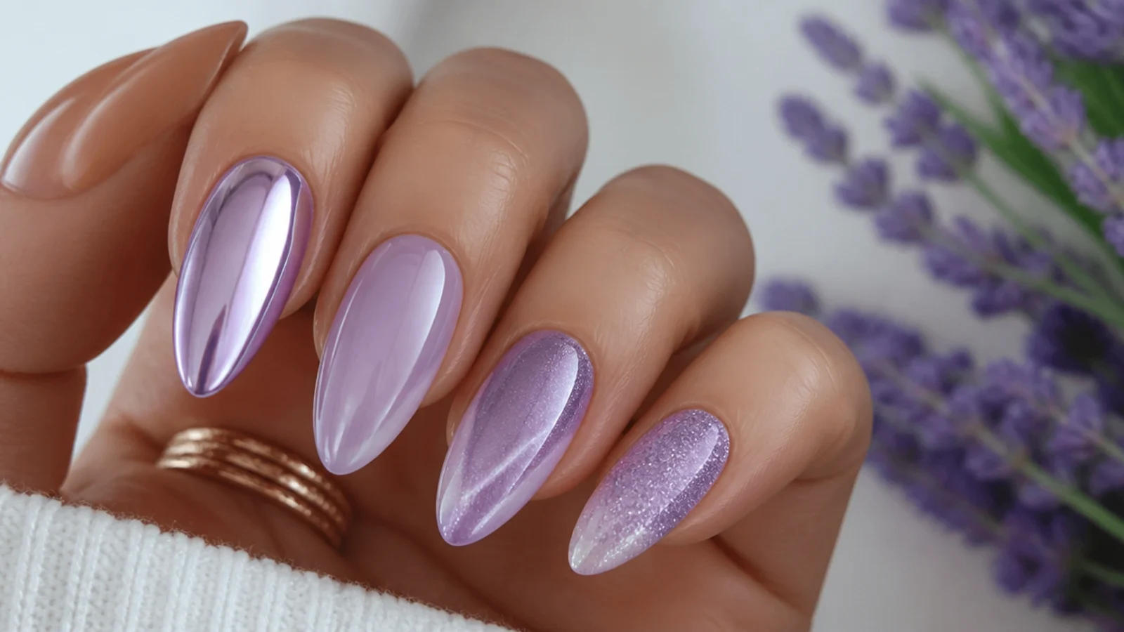 Lavender nails shown in chrome, milky, cat-eye, ombre and glitter finishes