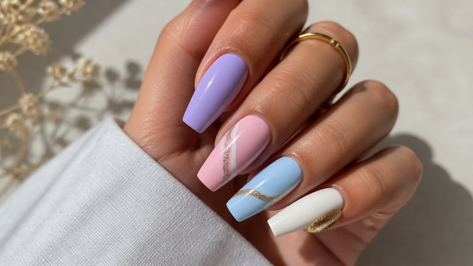 Lavender nails shown beside soft pink, baby blue, white, silver and gold accents