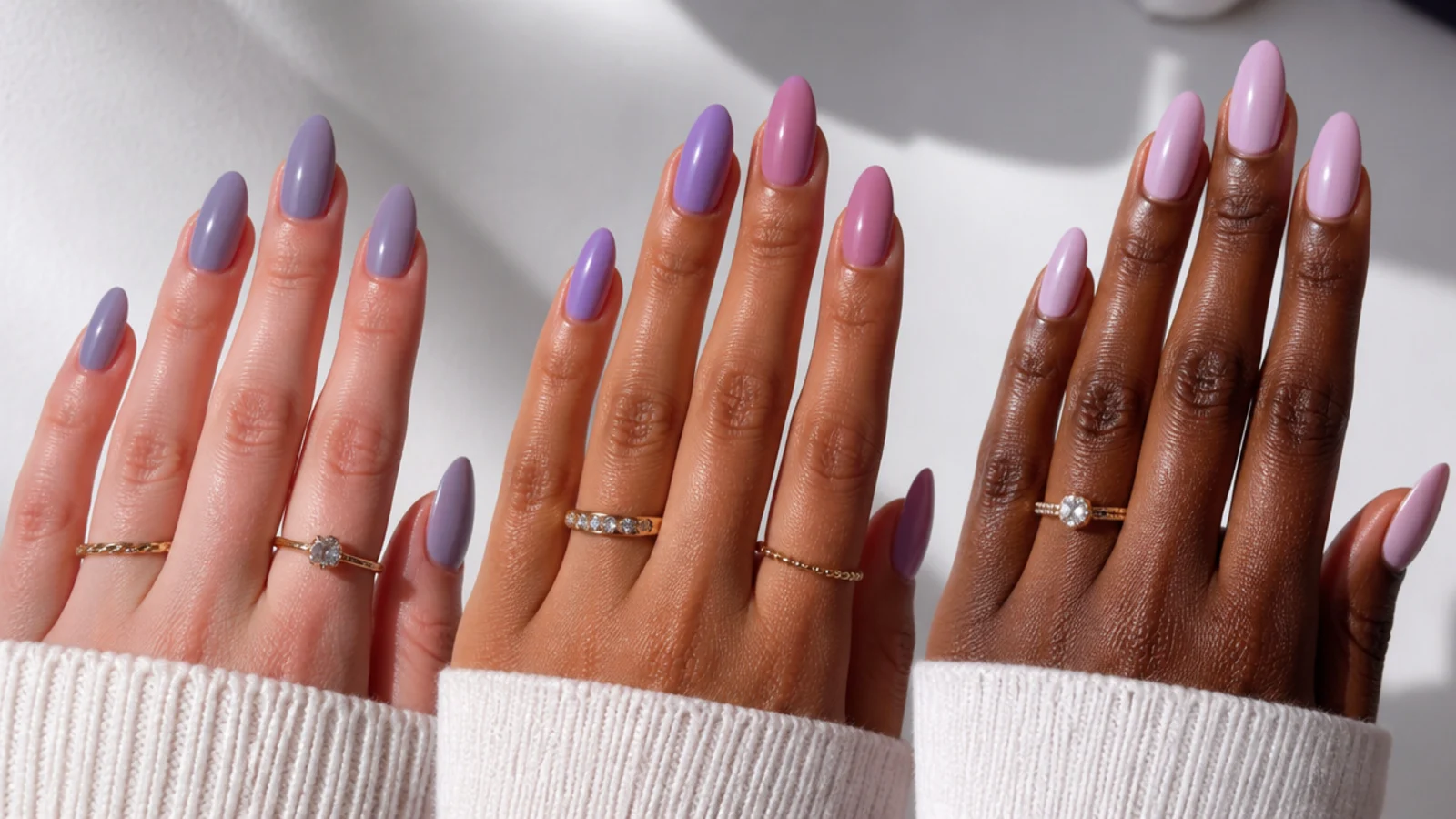 Cool, warm and milky lavender swatches compared against different skin tones