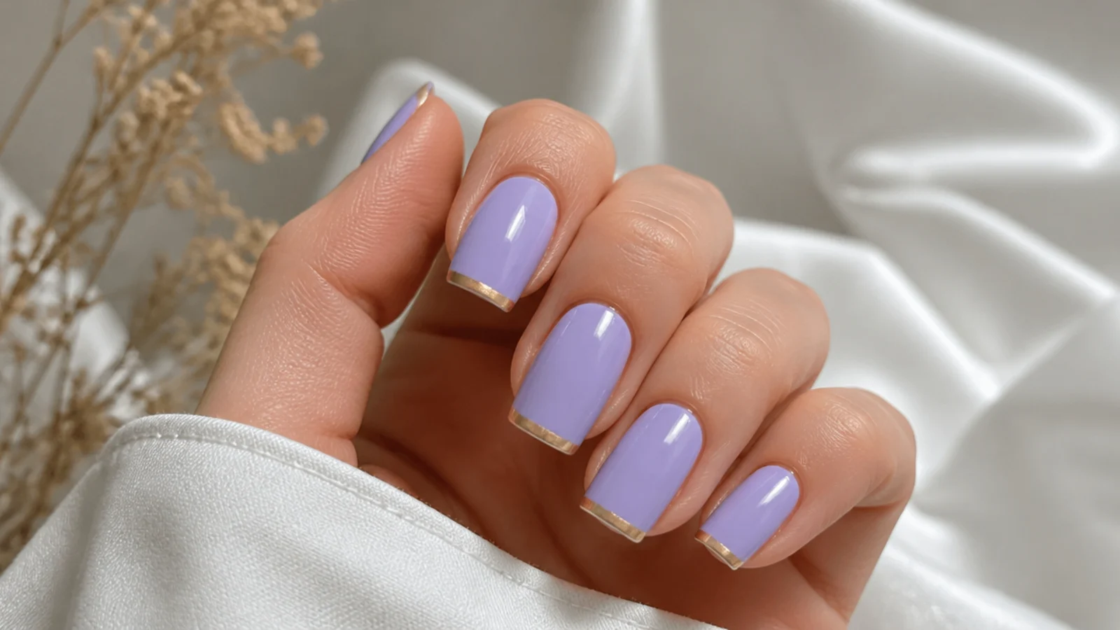 Cool lavender nails with thin gold French tips on square nails