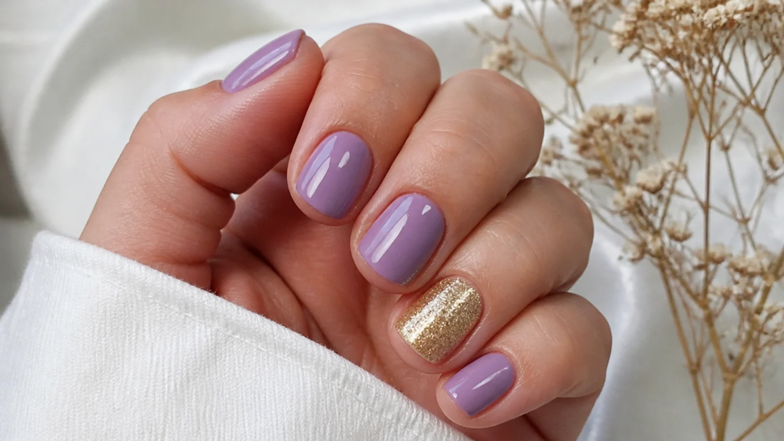 Lavender nails with one gold glitter accent nail on short nails