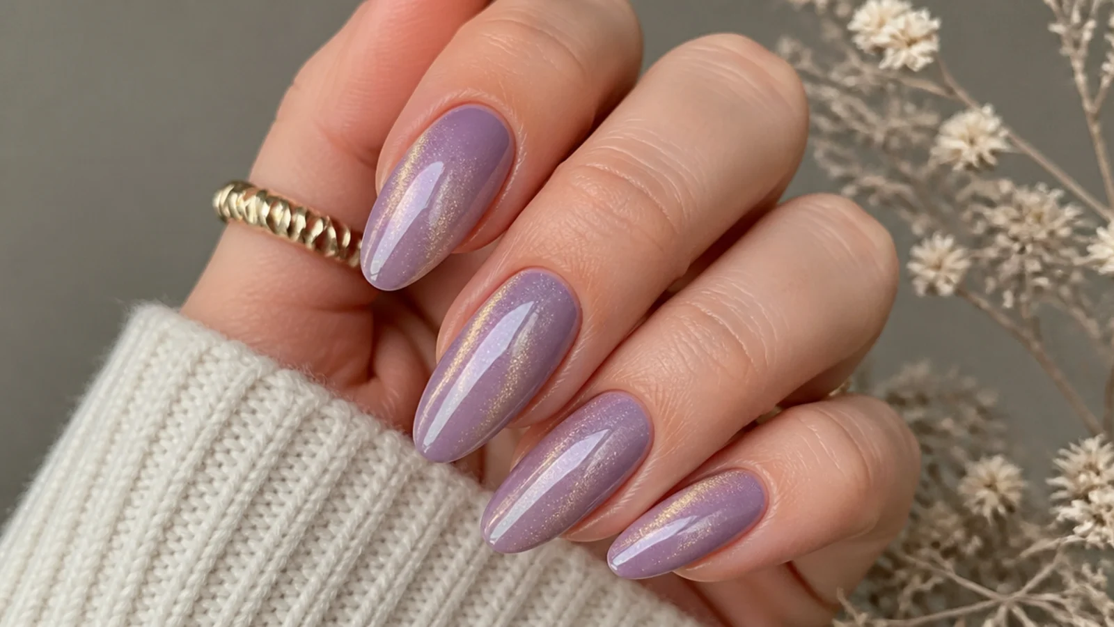 Lavender cat-eye nails with a golden magnetic shimmer stripe