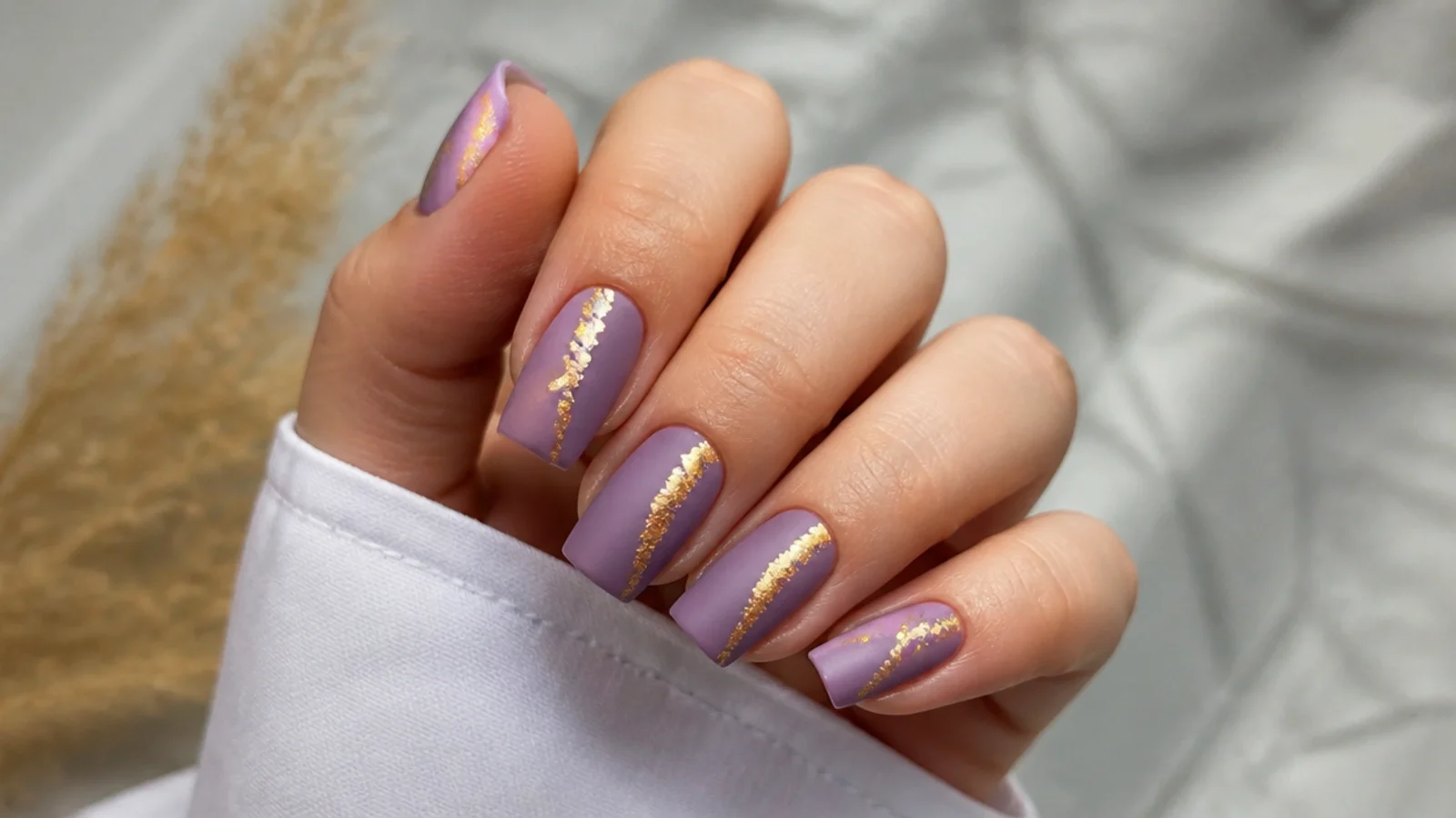 Matte lavender nails with a strip of gold leaf on square nails