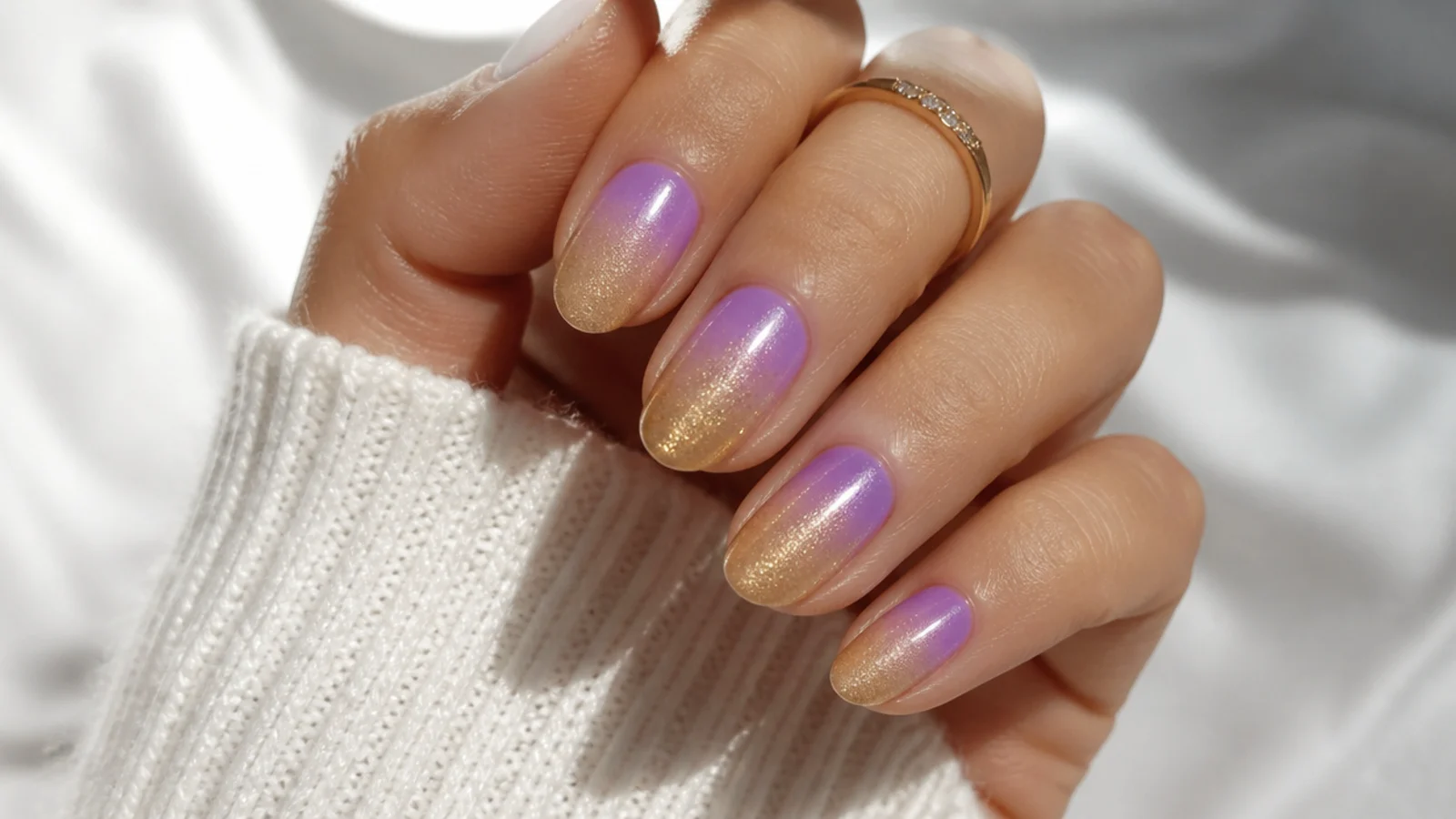 Lavender to gold ombre nails fading from lilac to metallic