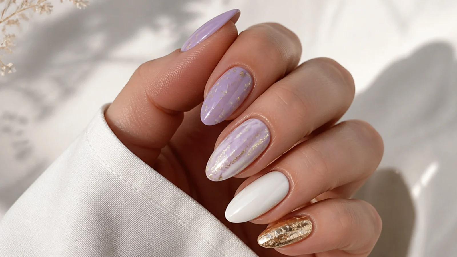 Mixed manicure of lavender, white and gold foil nails
