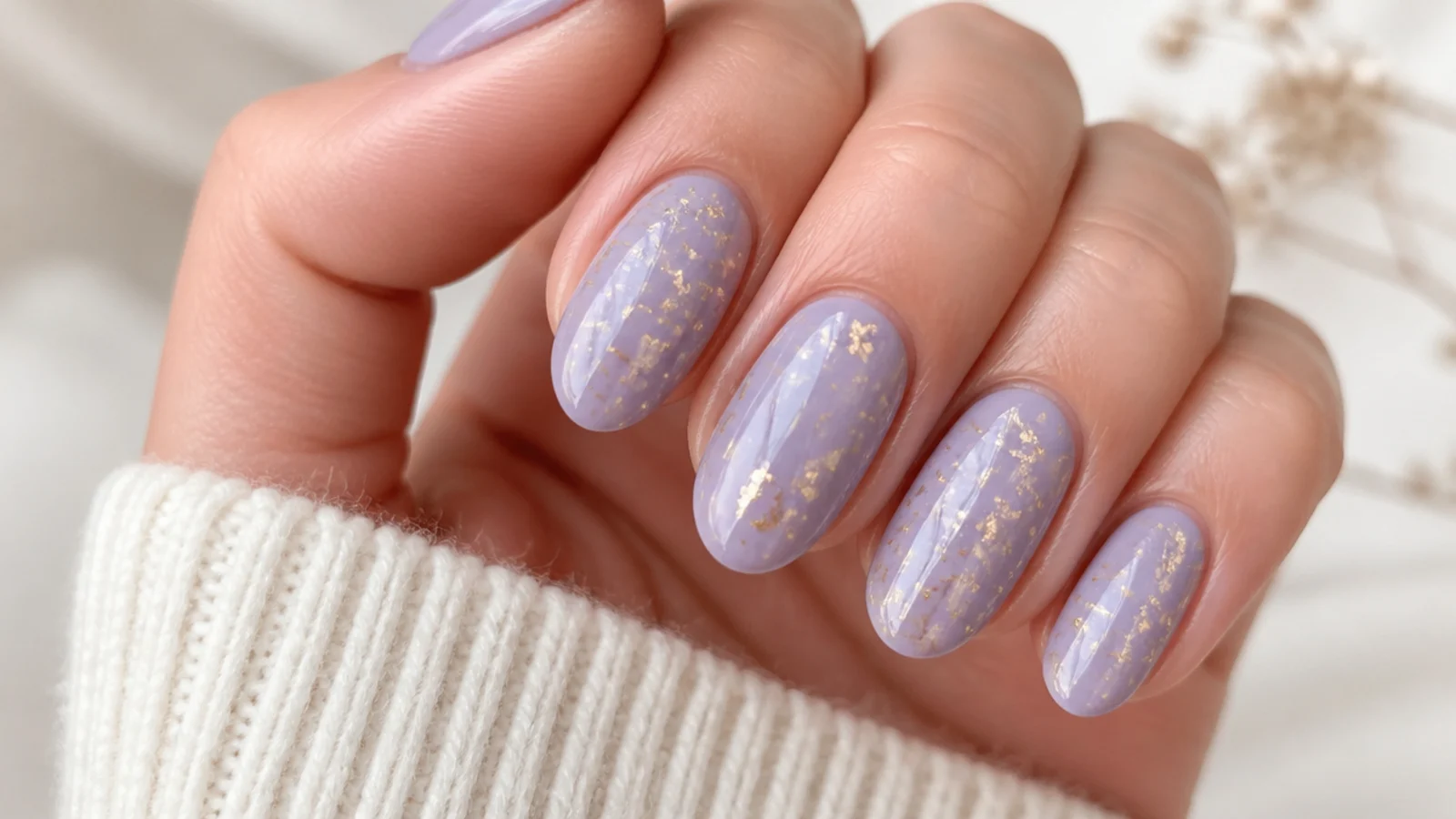Lavender nails with scattered gold flake confetti under gloss