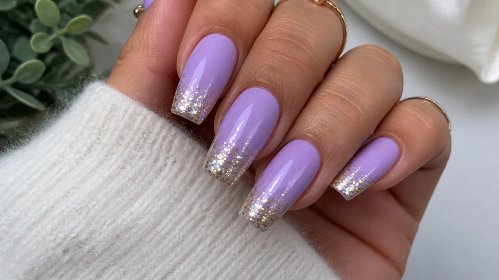 Lavender nails with gold glitter gradient tips on coffin shape