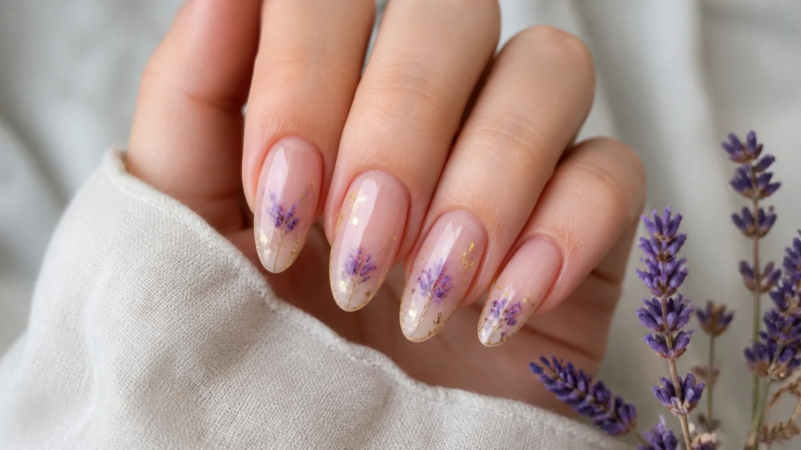 Nude nails with lavender flowers and gold leaf accents