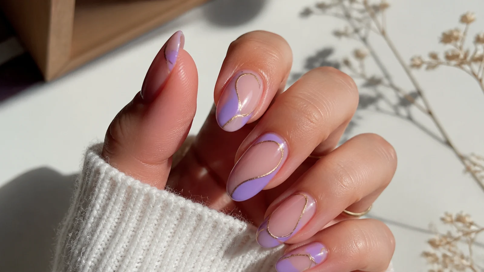 Sheer nails with lavender geometry and thin gold outlines