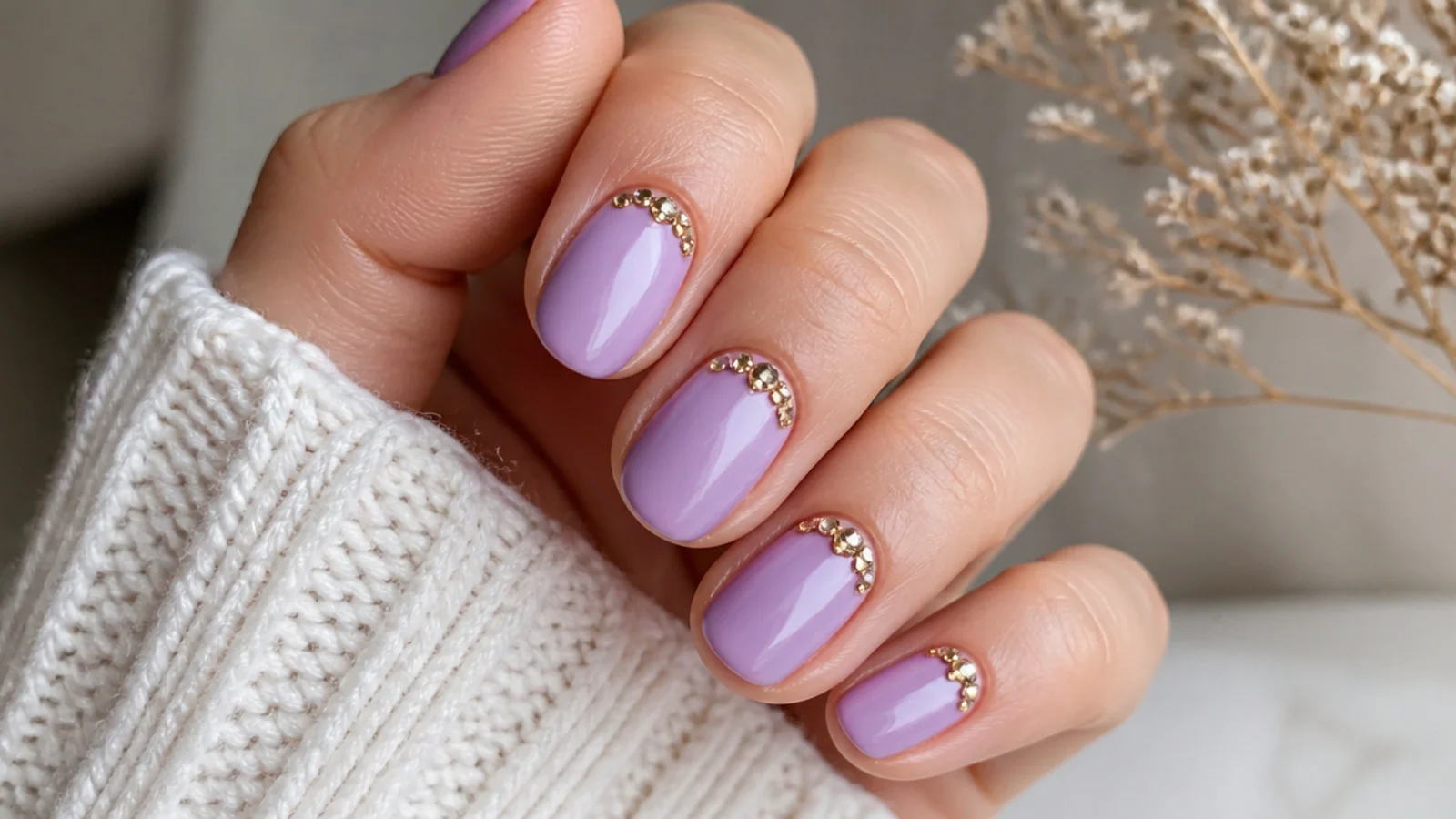Lavender nails with gold rhinestones clustered near the cuticle