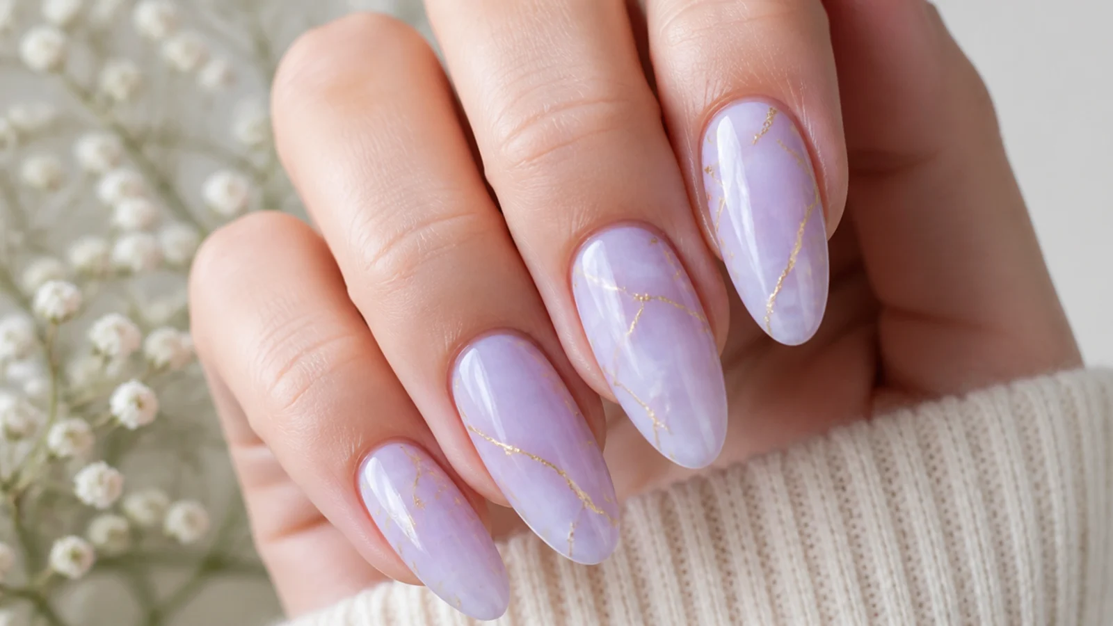 Milky lavender nails with delicate gold vein lines like quartz