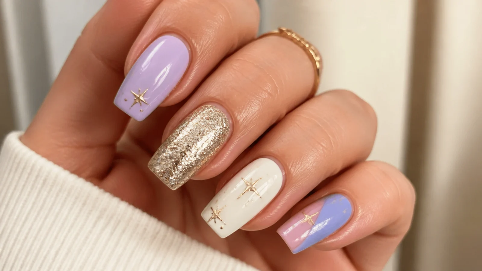 Lavender nail swatch surrounded by gold, silver, white, pink and blue