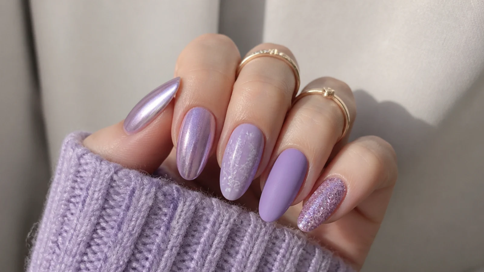 Lavender nails shown in chrome, milky, cat-eye, matte and glitter finishes