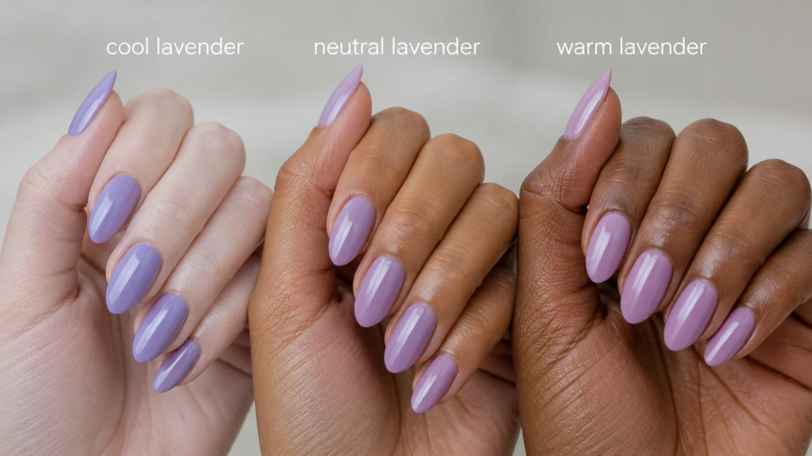 Three lavender gel swatches from cool to warm on different skin tones