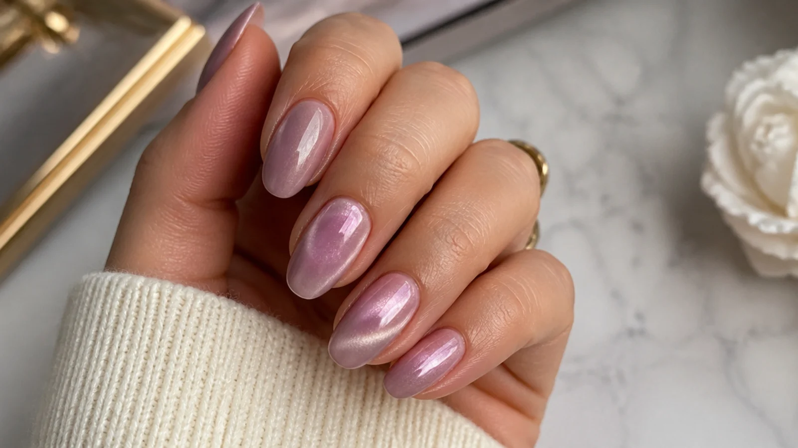Warm pink-lavender cat eye nails with a soft glow on tan skin