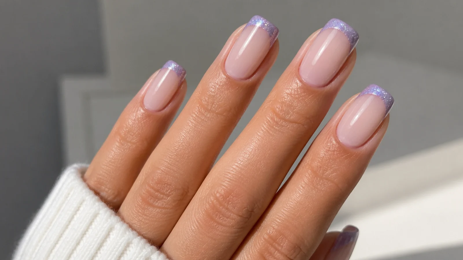 Milky nude nails with a lavender cat eye French tip glowing at the edge