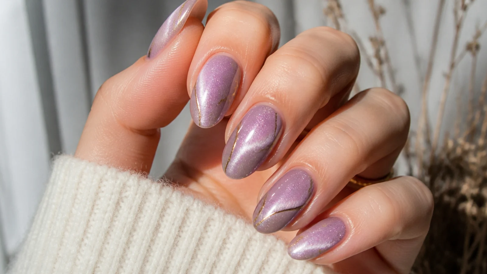 Warm lavender cat eye nails with thin gold accent lines glowing
