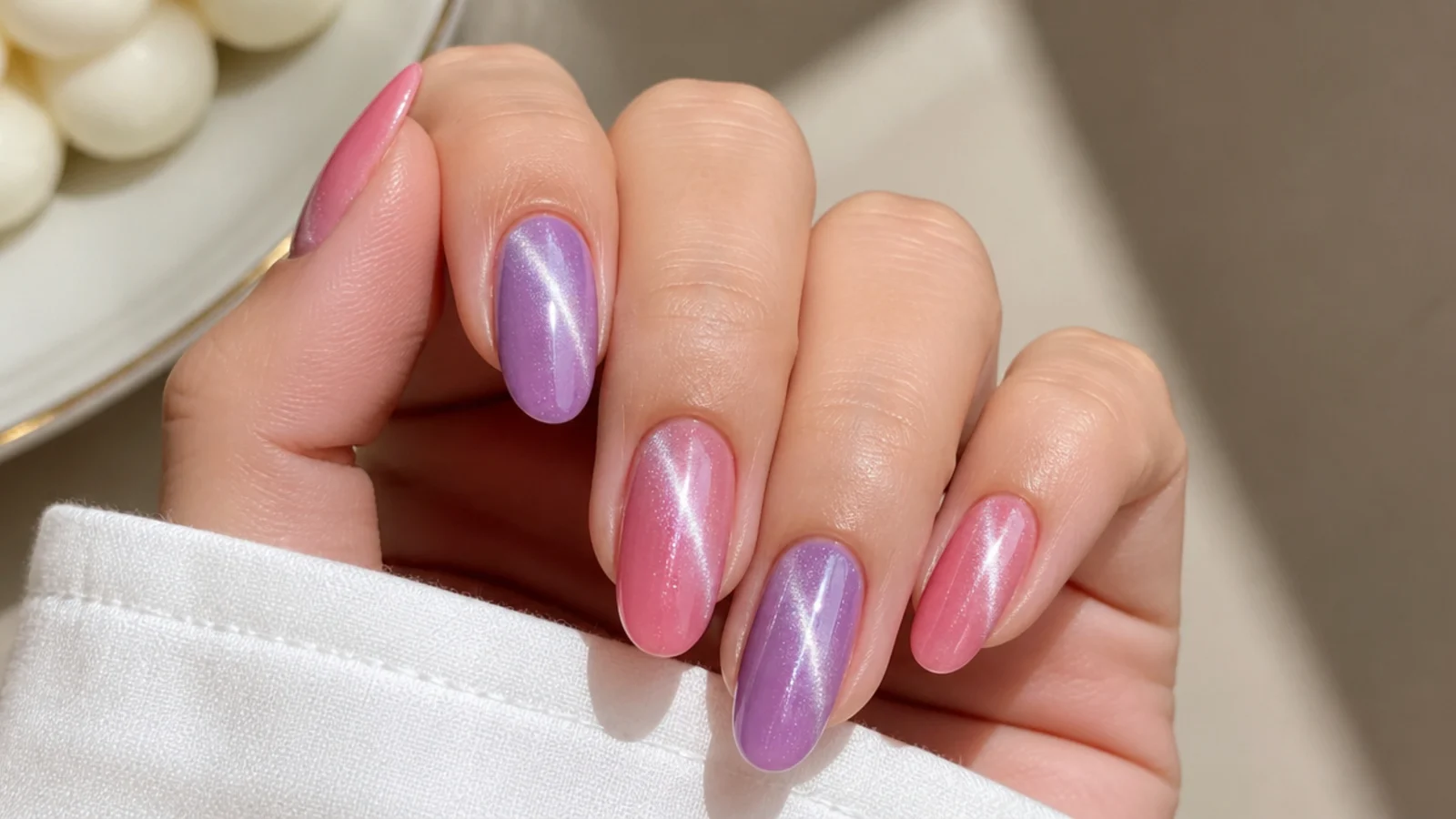 Alternating soft pink and lavender cat eye nails with light streaks