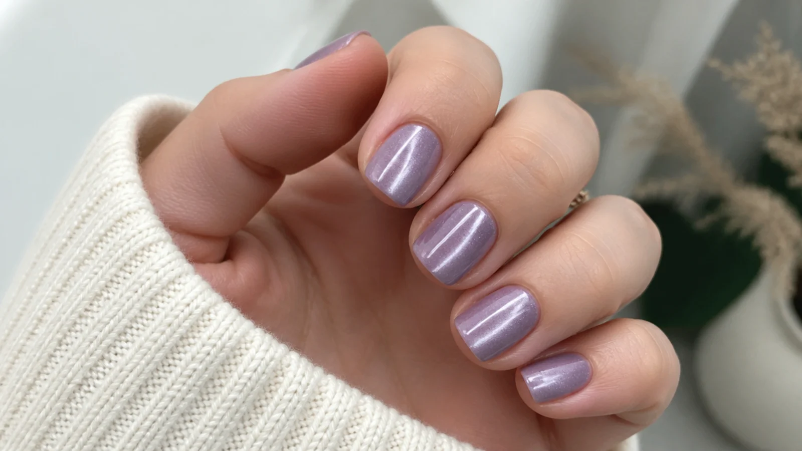 Short squoval lavender cat eye nails with a neat center light streak