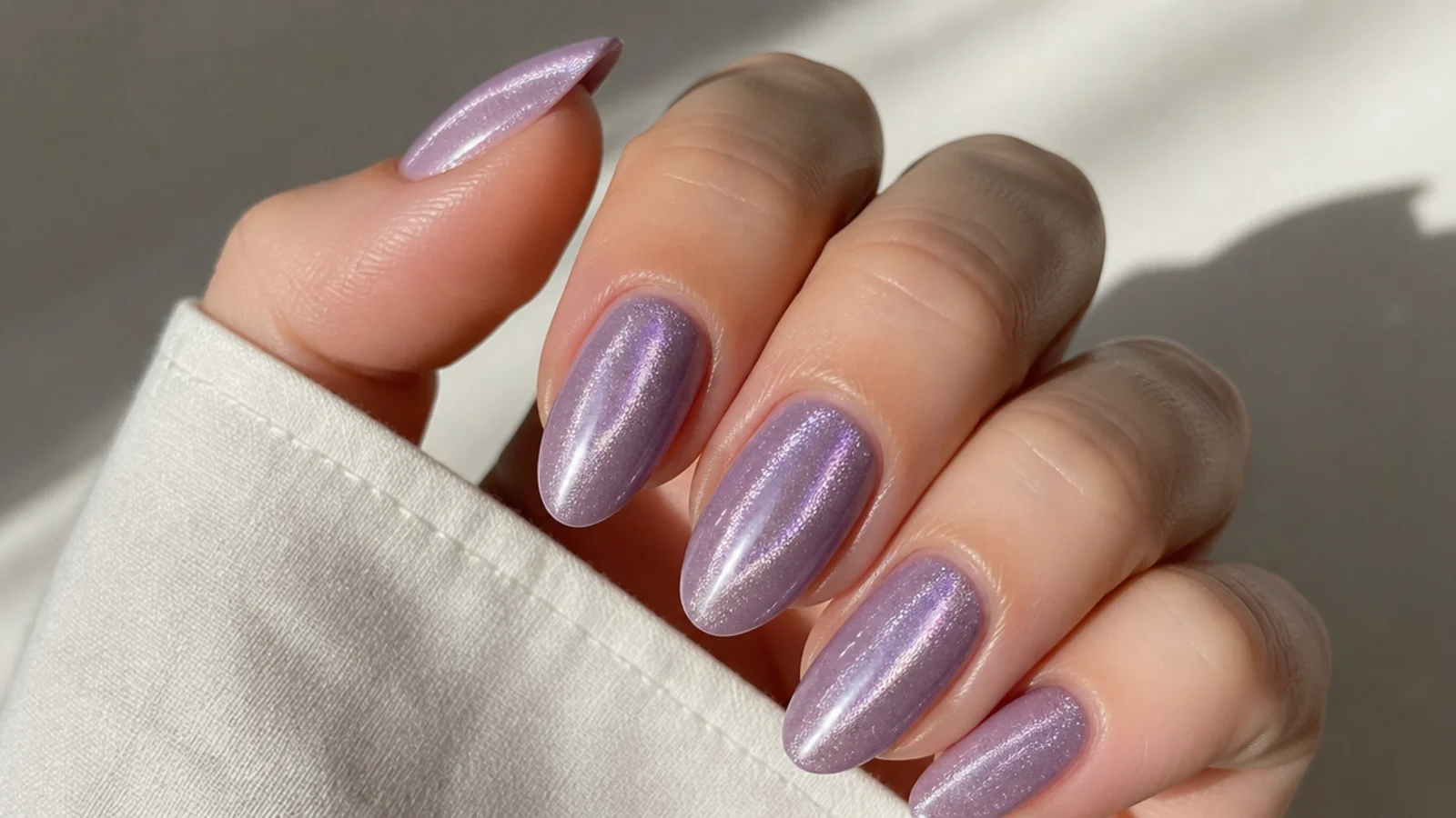 Long lavender almond cat eye nails with a glassy vertical light streak