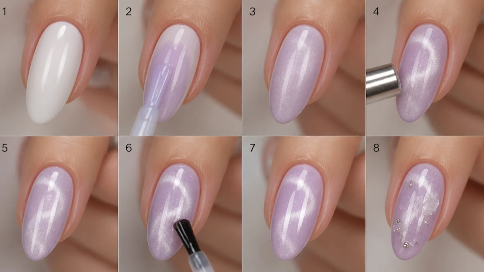 Building a milky lavender cat eye over a white base coat step by step