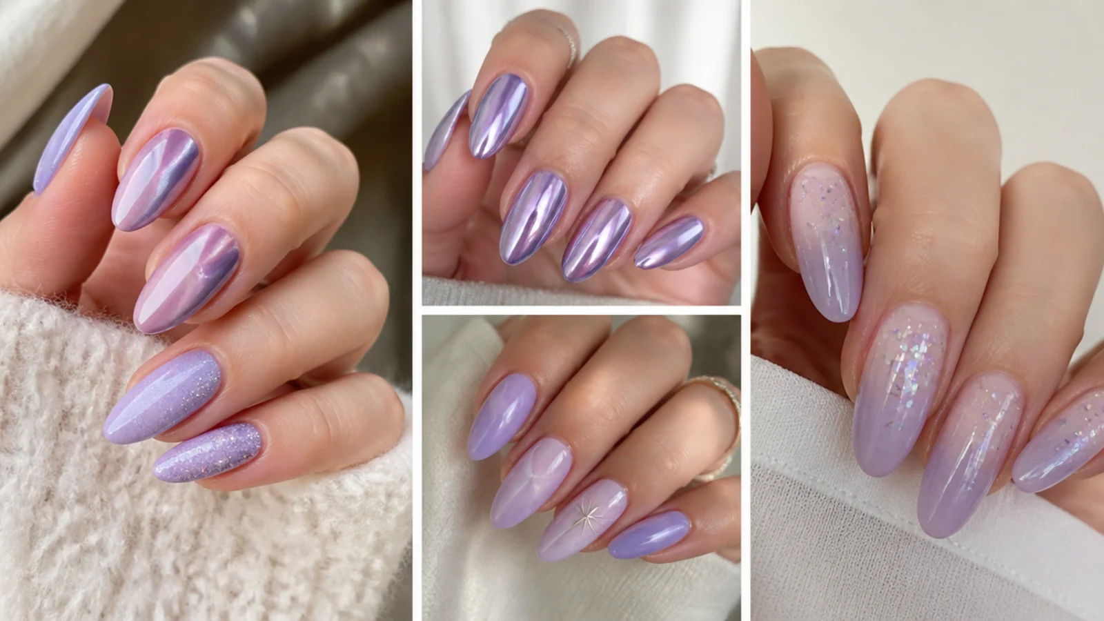 Lavender cat eye nails shown in chrome, milky, ombre and glitter finishes