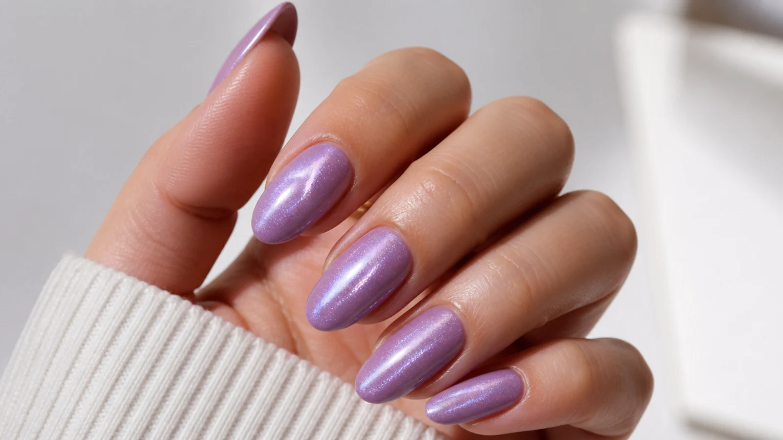 Soft lavender cat eye nails with a glowing magnetic light streak on an almond shape