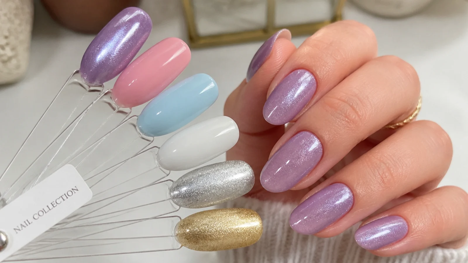 Lavender cat eye nails beside pink, baby blue, white, silver and gold swatches