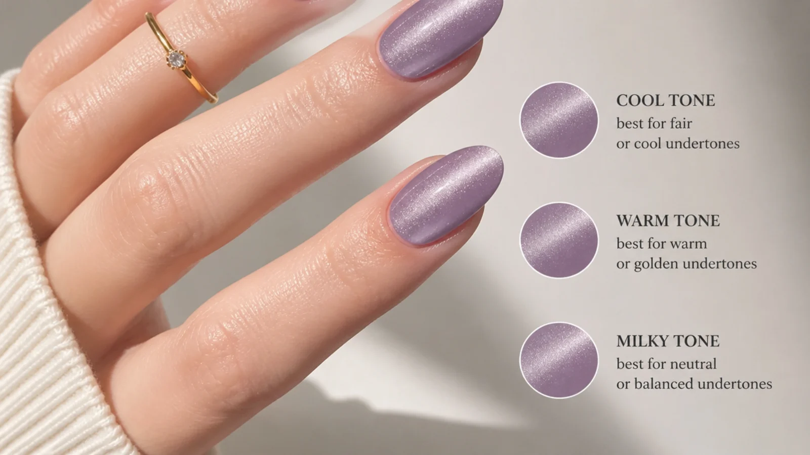 Three lavender cat eye swatches for cool, warm and milky skin-tone matching