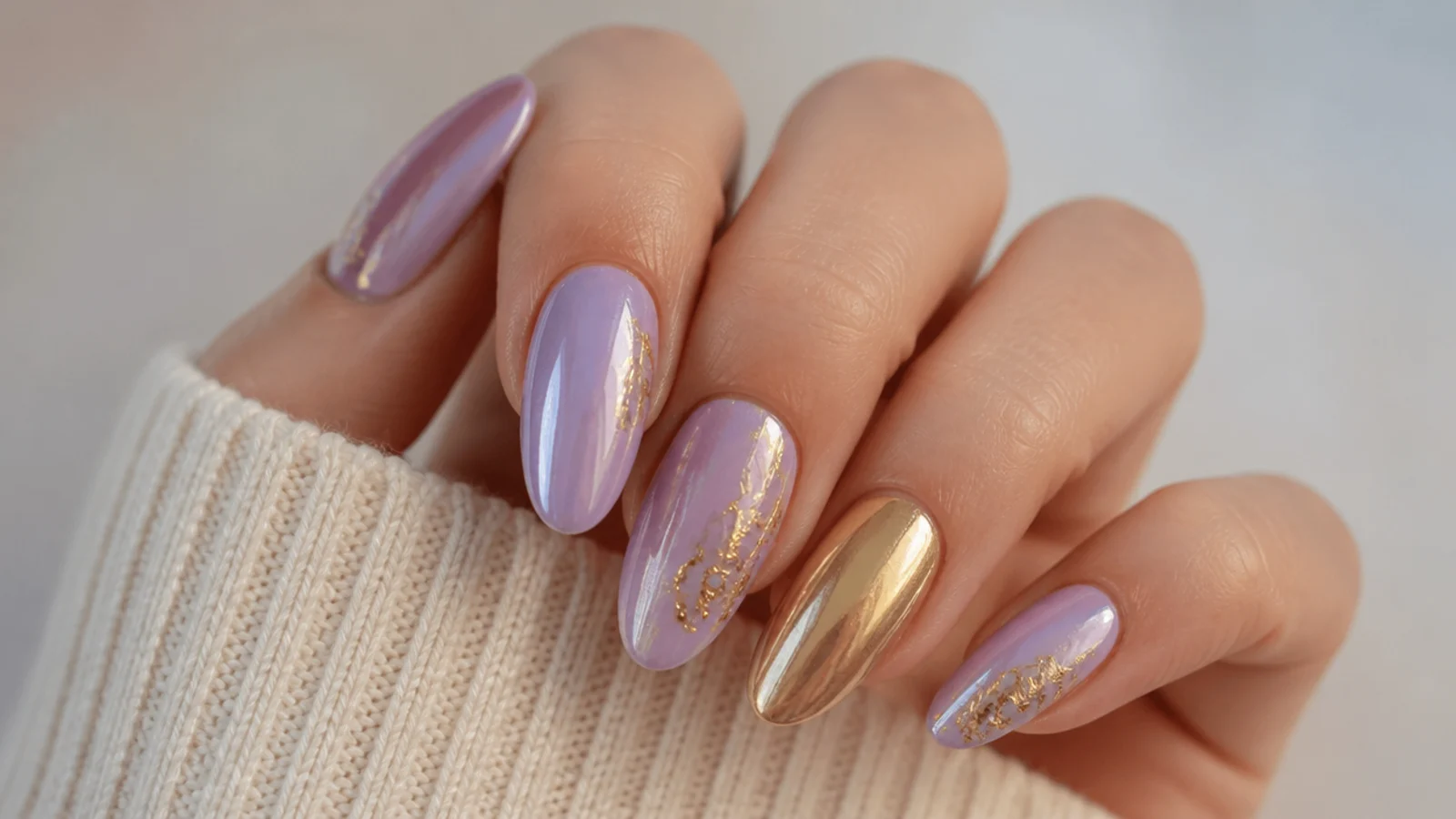 Lavender chrome nails with warm gold chrome and foil accents