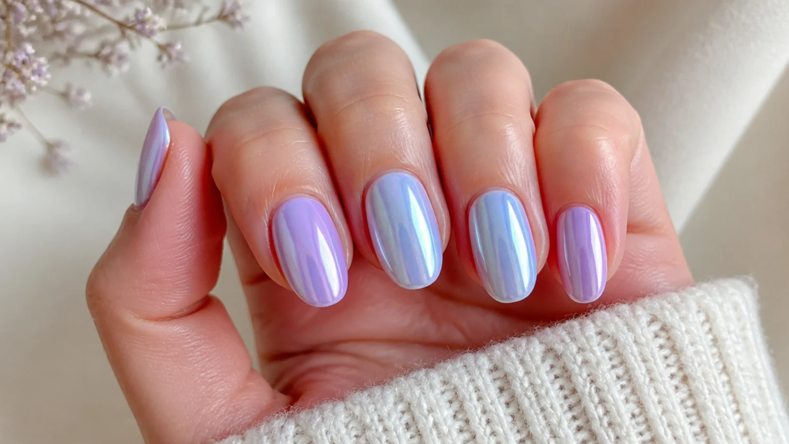 Alternating baby blue and lavender chrome nails on short almond