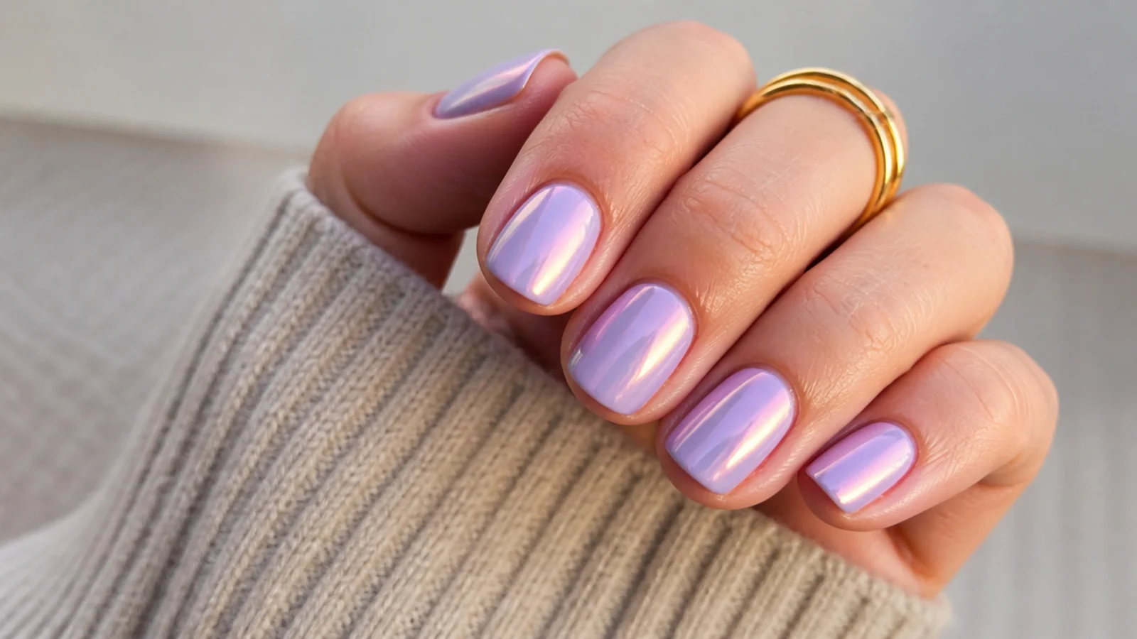 Short squoval lavender chrome nails, neat and everyday