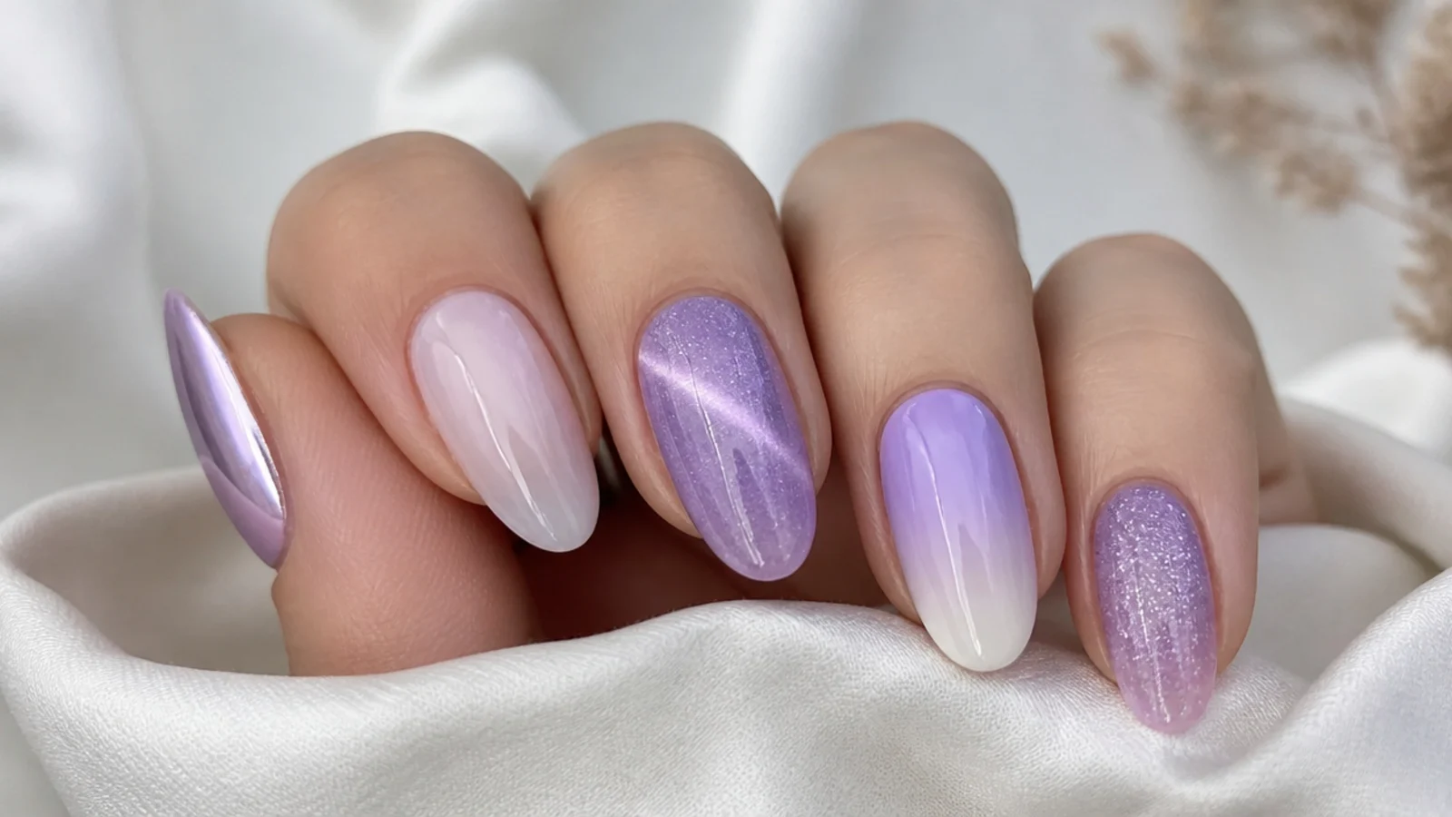 Chrome, milky, cat-eye, ombre and glitter lavender nail finishes side by side