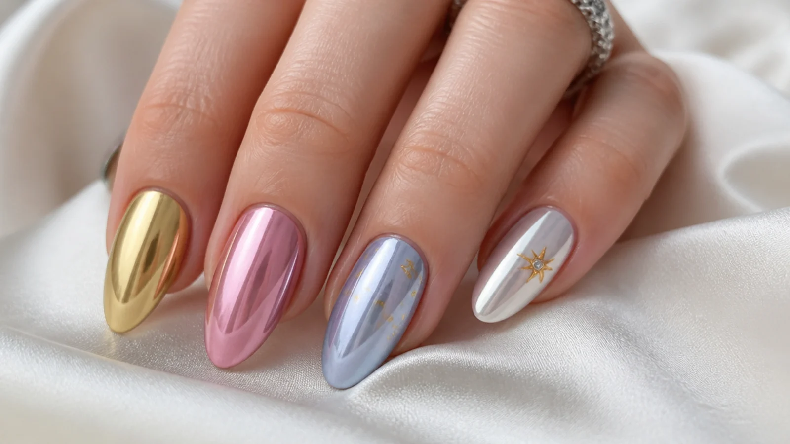 Lavender chrome nails shown beside pink, blue, white, silver and gold accents