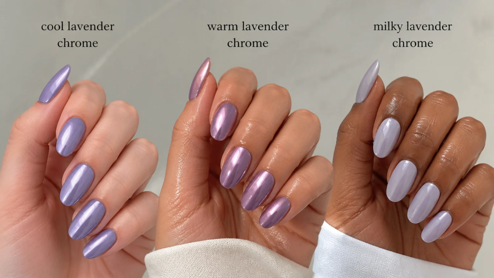Cool, warm and milky lavender chrome swatches against different skin tones