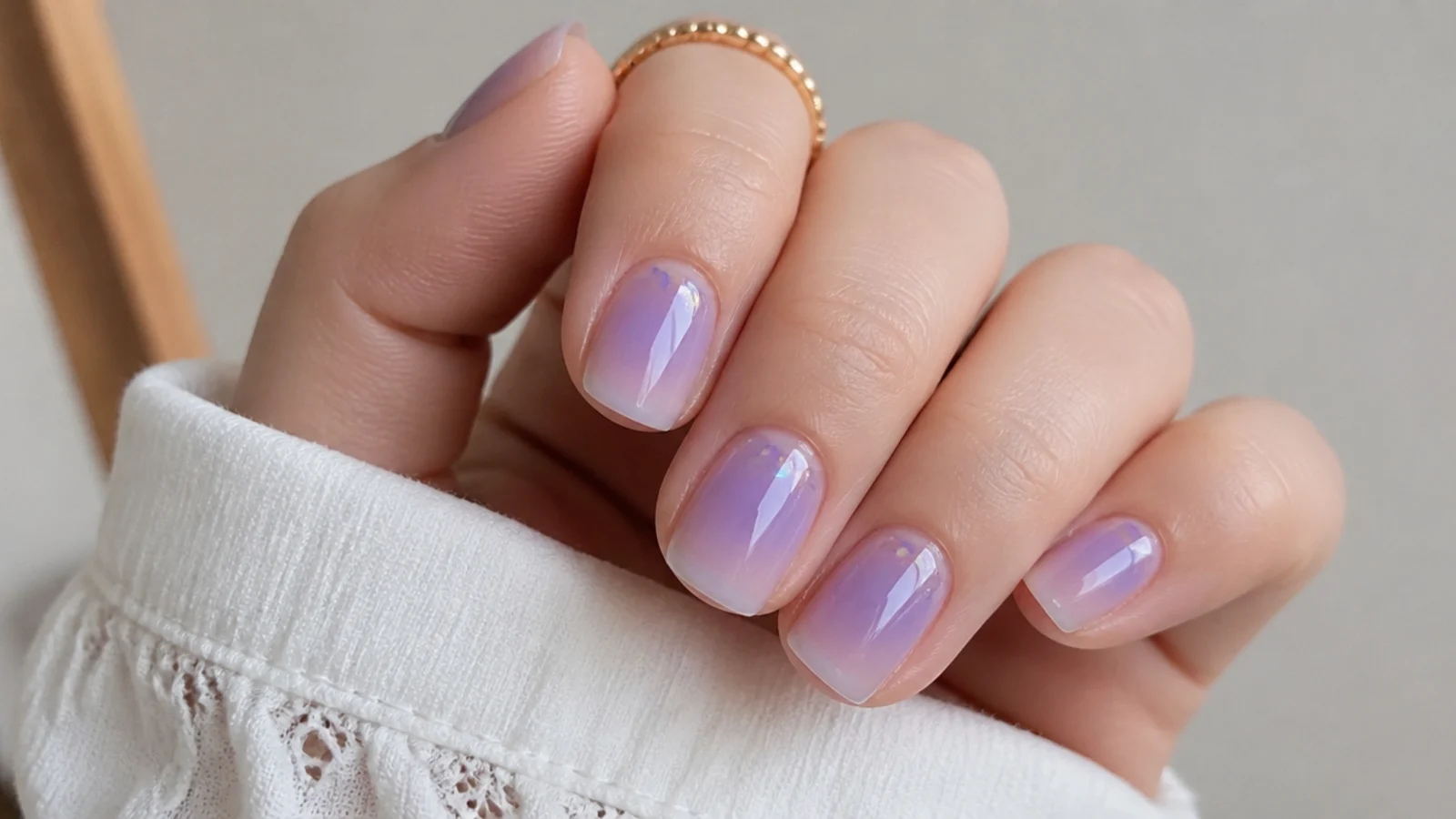 Sheer milky lavender nails with a soft translucent lilac wash on short nails