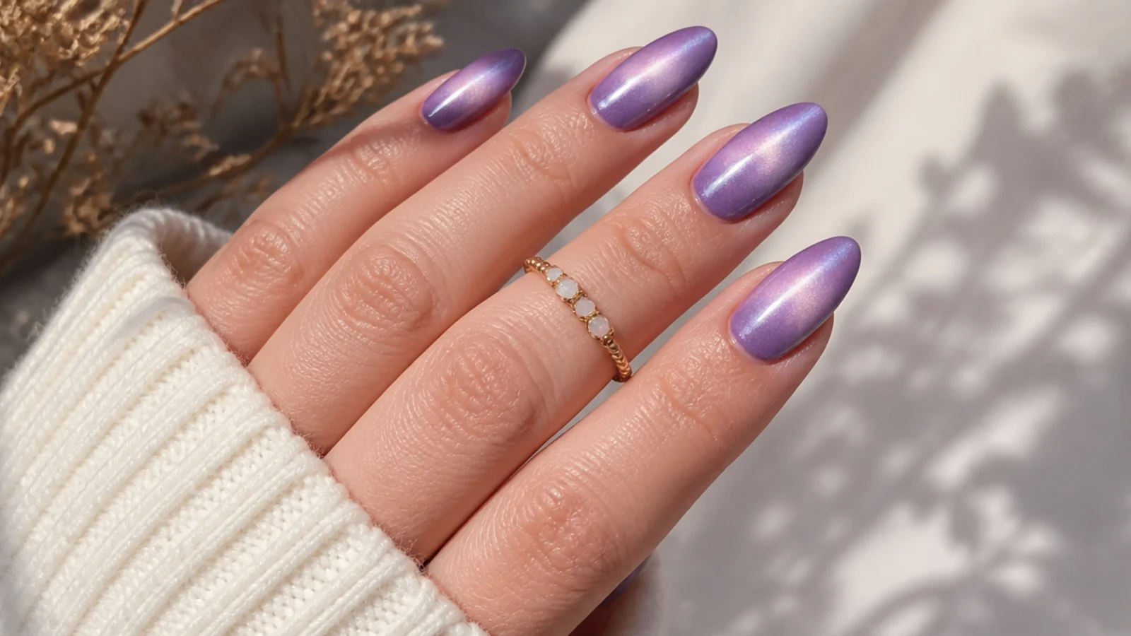 Lavender cat-eye nails with a shifting light band of shimmer across each nail