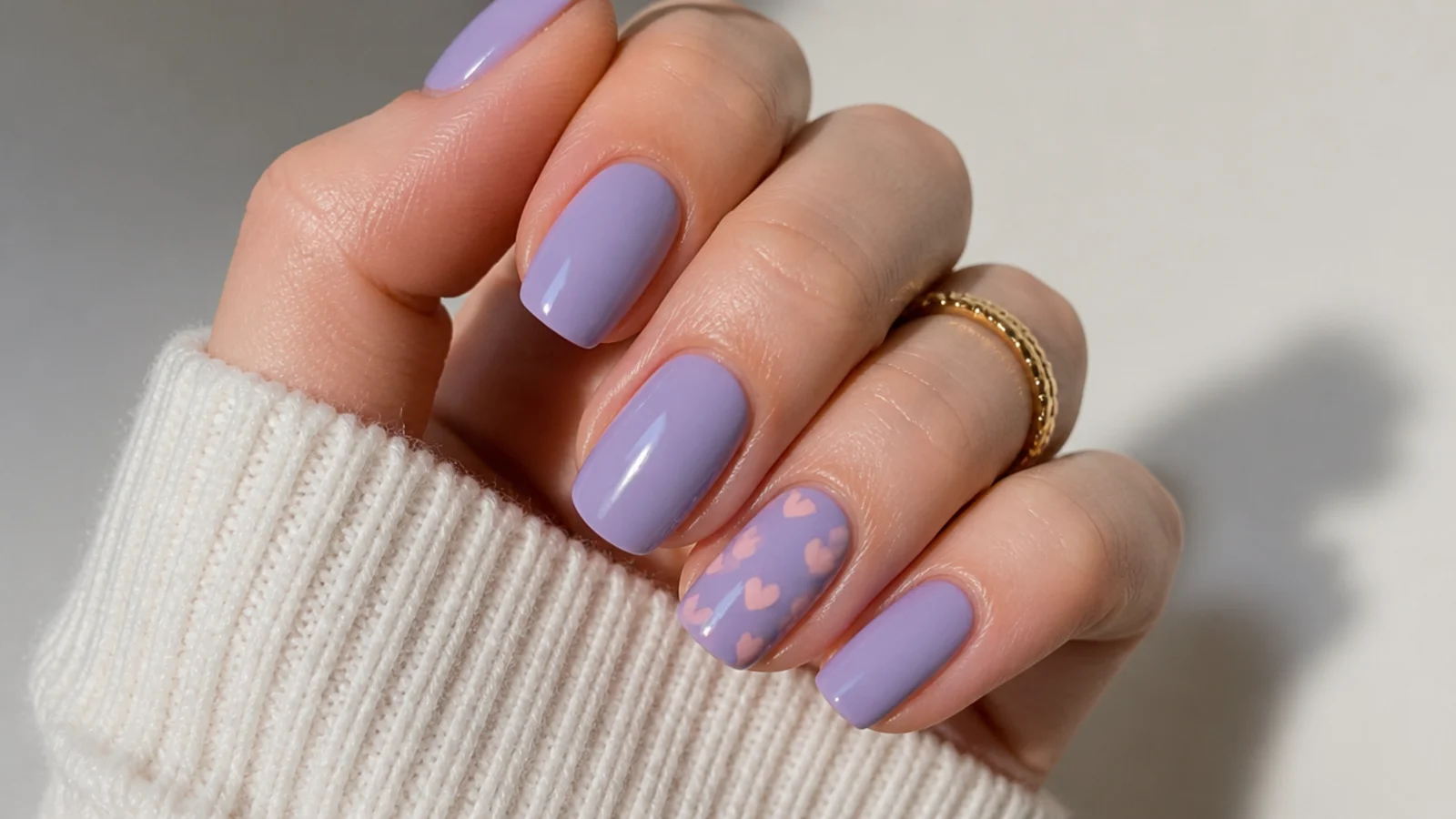 Lavender nails with tiny soft pink hearts dotted on an accent nail