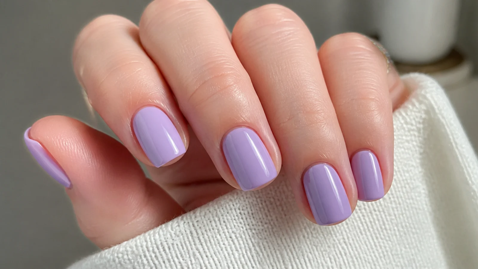 Short squoval nails in glossy soft lavender with a clean minimal finish