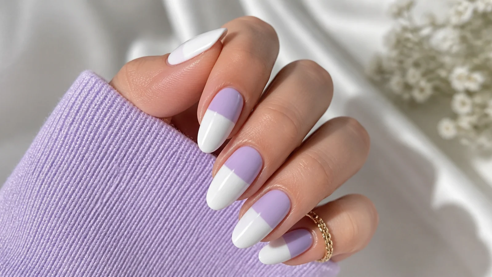 Lavender and white color-block nails with clean geometric halves