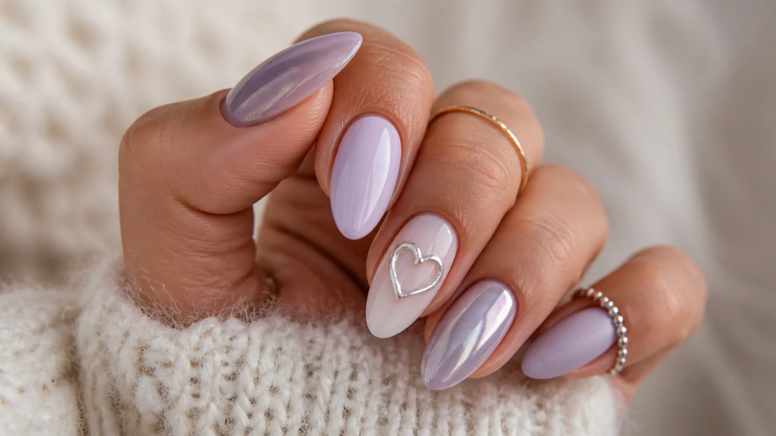 Lavender nails in chrome, milky, cat-eye and matte finishes across shapes