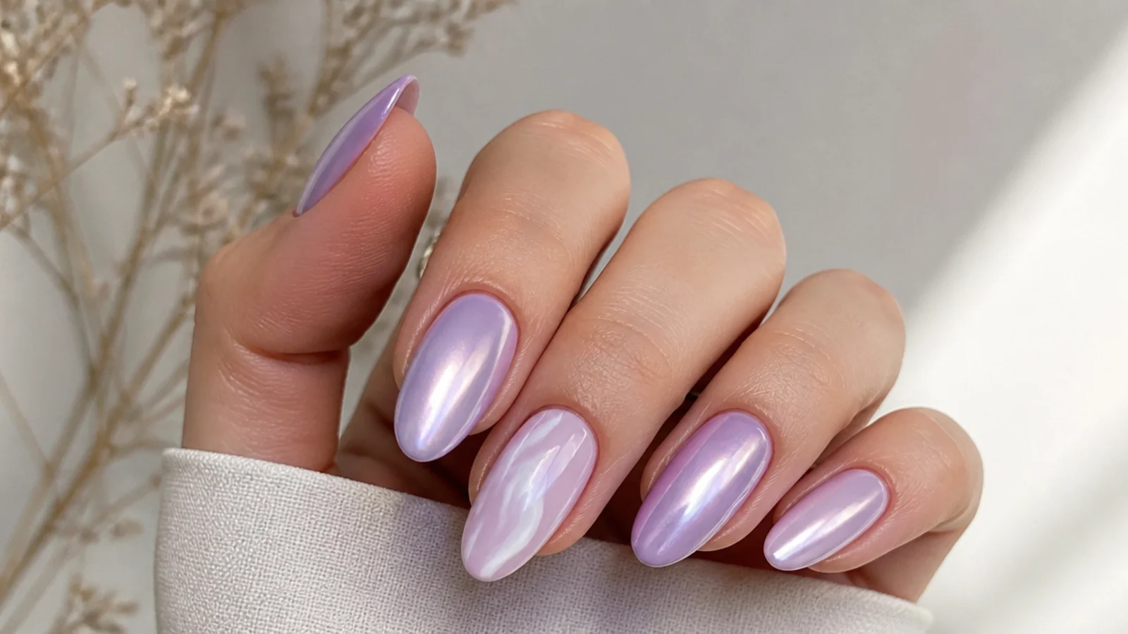 Soft lilac lavender nails with chrome and milky designs on an almond shape