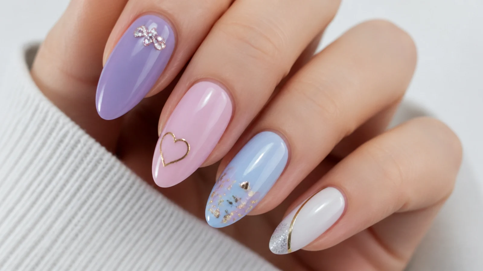 Lavender nails shown beside soft pink, baby blue, white, silver and gold accents
