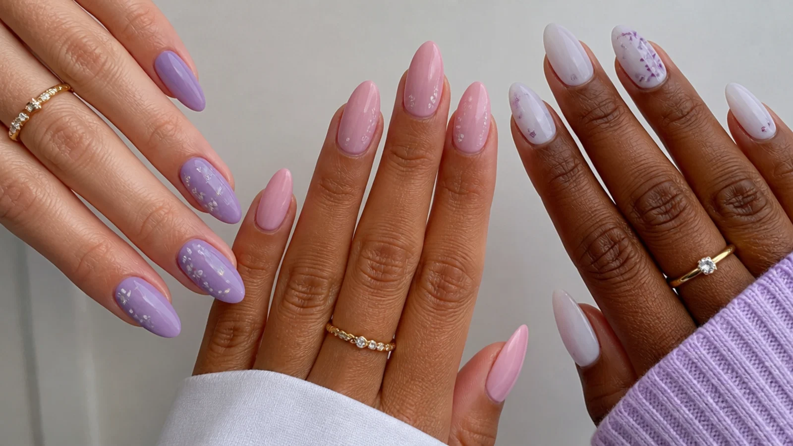 Three lavender shades - cool, warm pink and milky - on different skin tones
