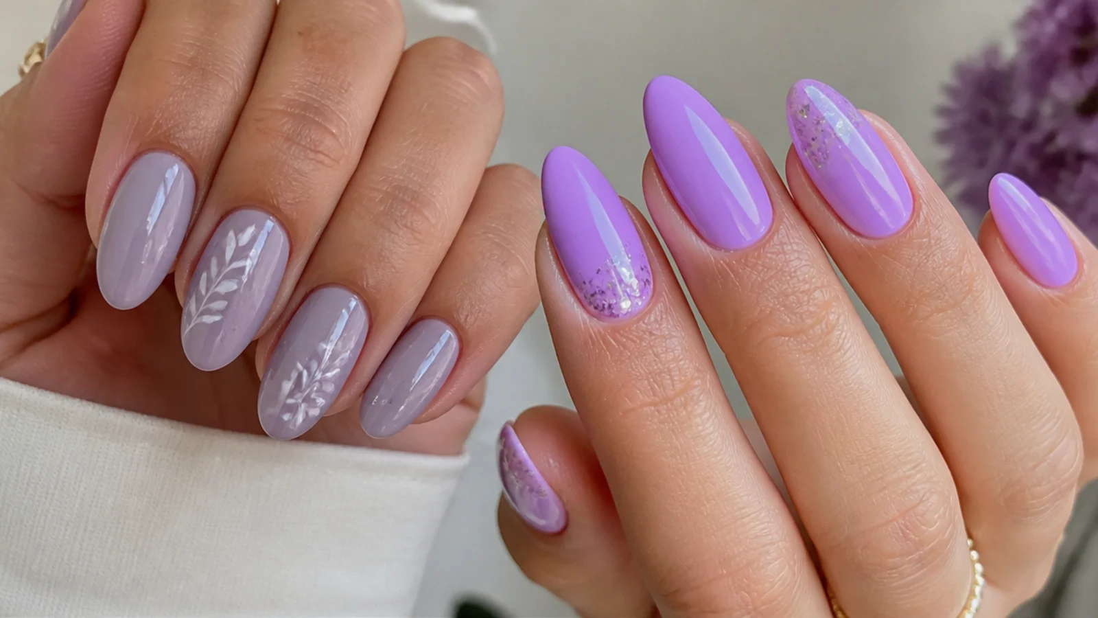 Soft grayed lavender nails beside a brighter saturated light purple set