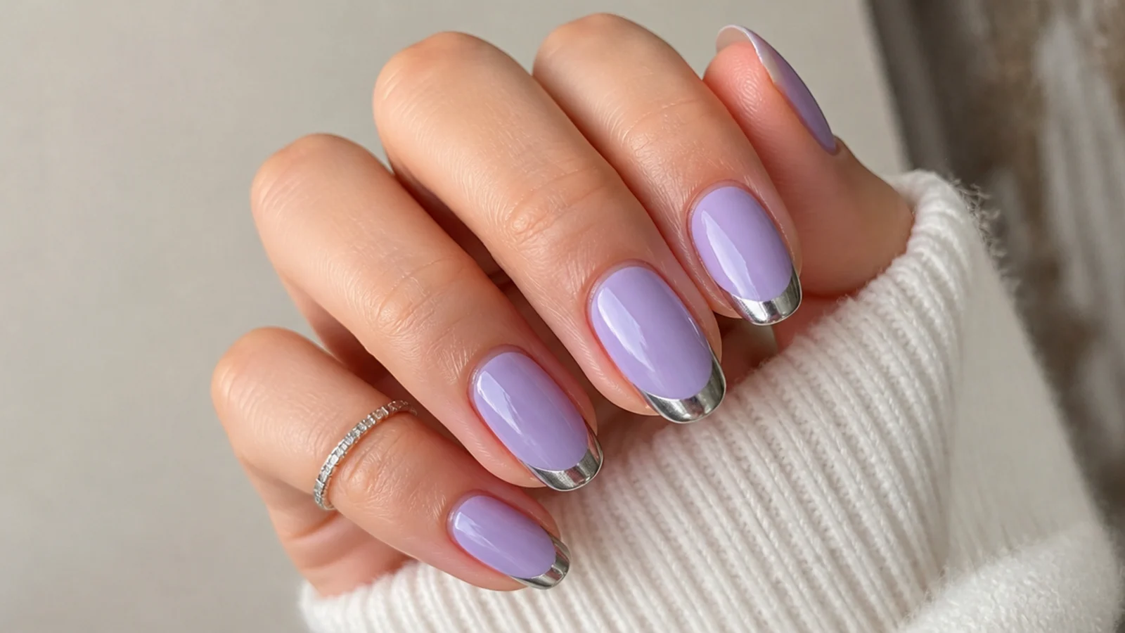 Lavender nails with silver chrome French tips